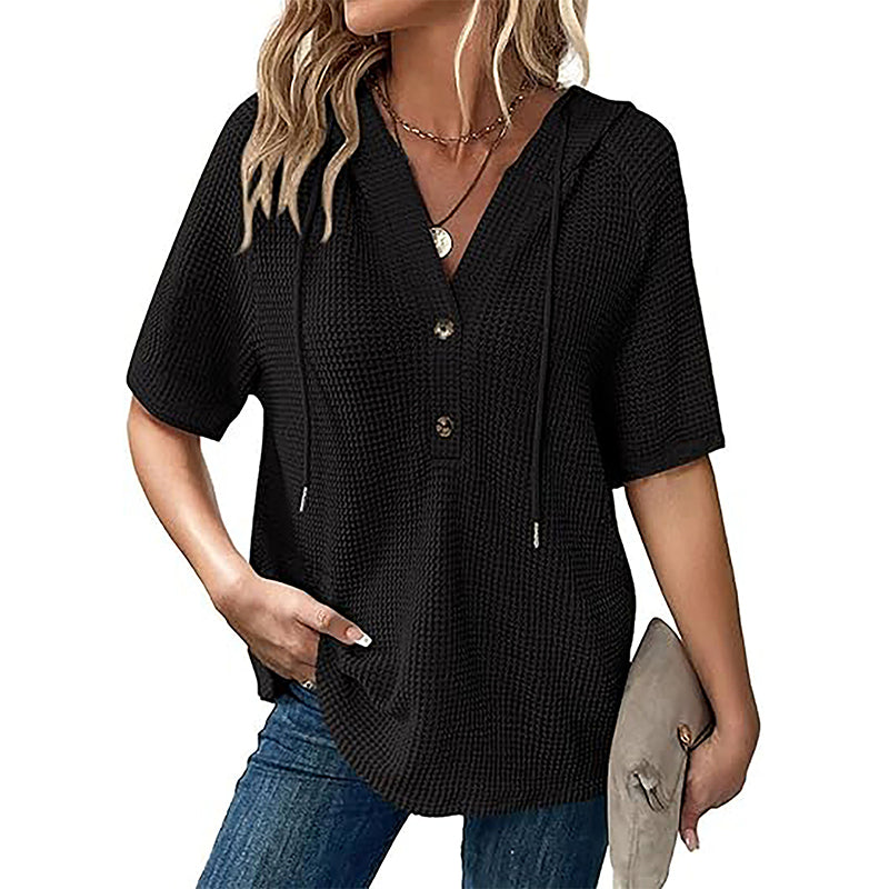 Women's Solid Drawstring Hooded Short-Sleeve Tops