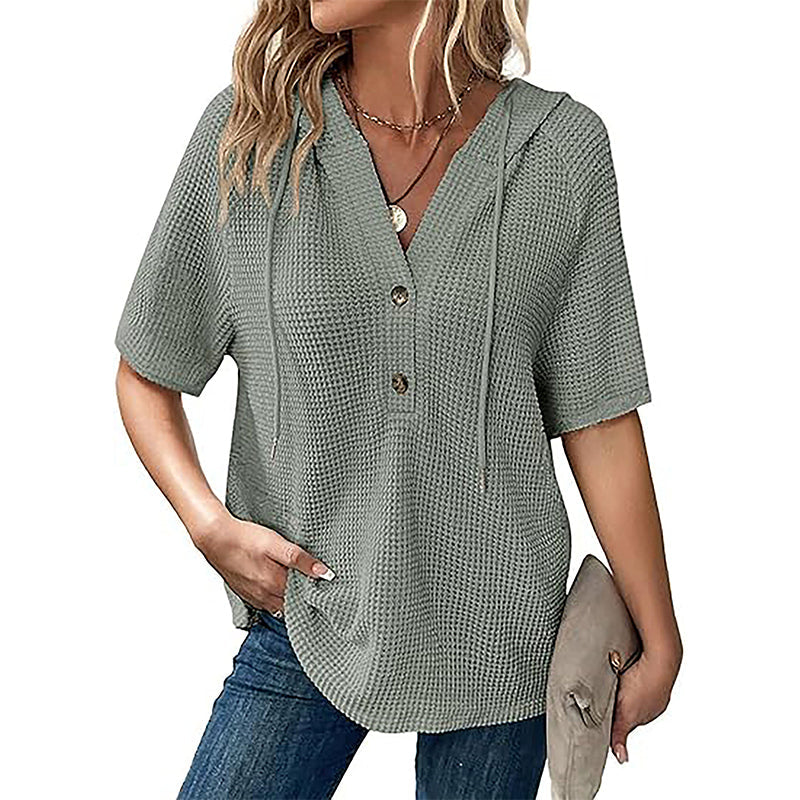 Women's Solid Drawstring Hooded Short-Sleeve Tops