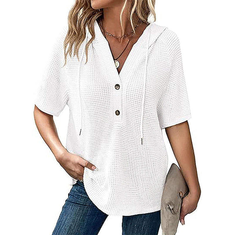 Women's Solid Drawstring Hooded Short-Sleeve Tops