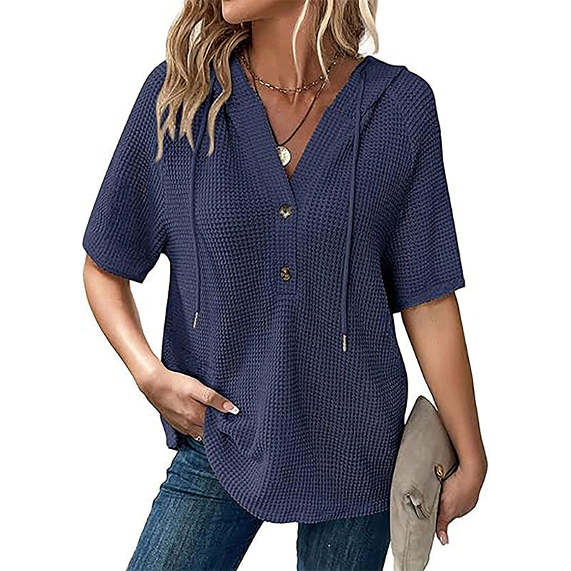 Women's Solid Drawstring Hooded Short-Sleeve Tops