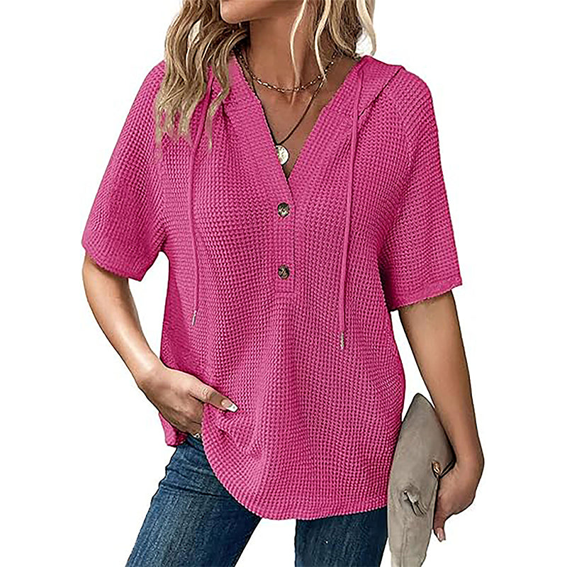 Women's Solid Drawstring Hooded Short-Sleeve Tops