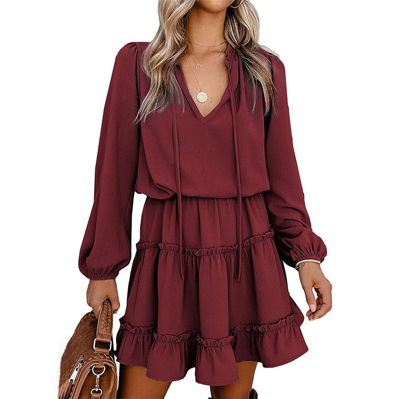 Women's V-Neck Ruffle Trim Dress