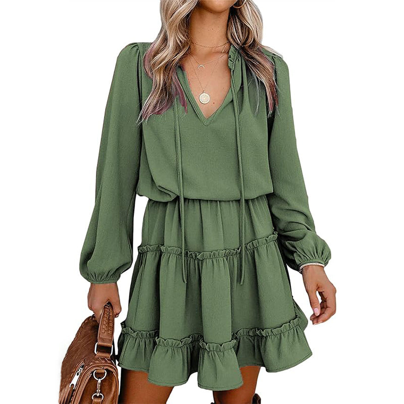 Women's V-Neck Ruffle Trim Dress