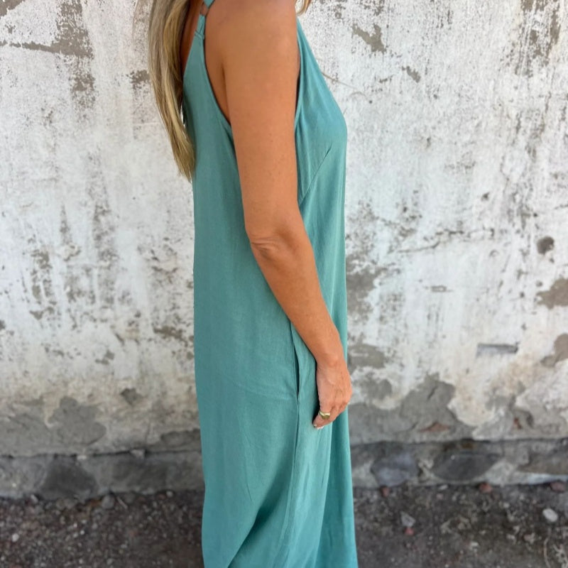 Women's Casual Loose Cotton-Linen Blend Jumpsuit with Pockets and Adjustable Straps