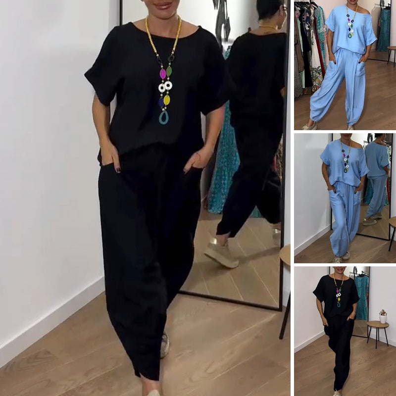 Women's Solid Color Top & Loose Pants 2 Piece Set