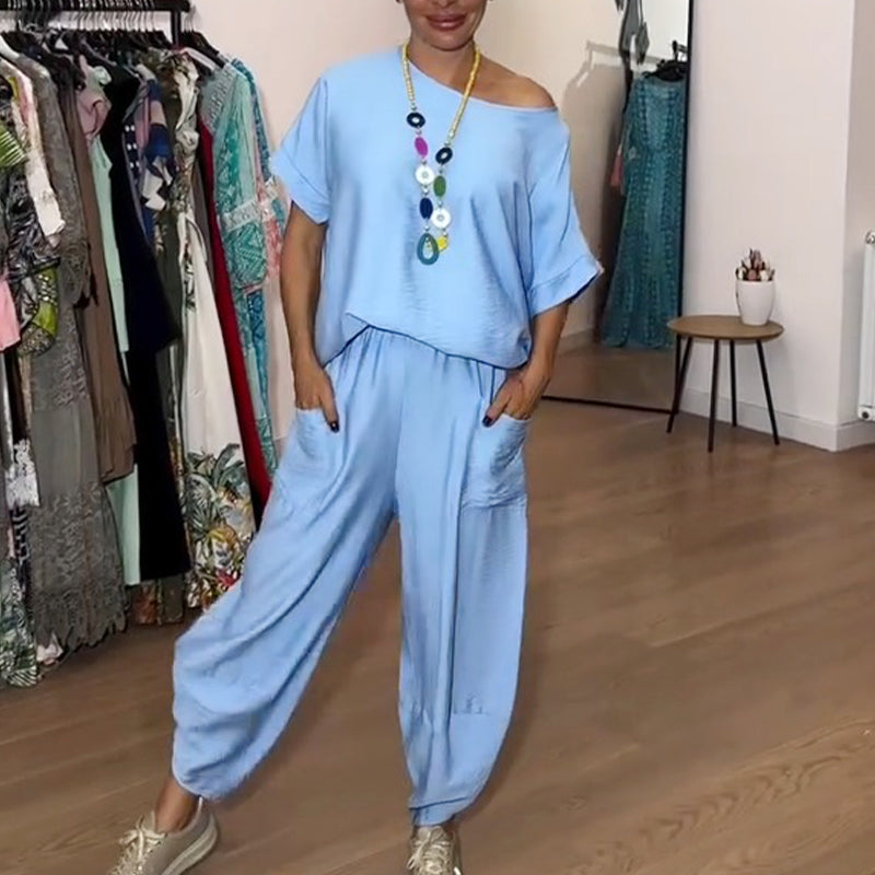 Women's Solid Color Top & Loose Pants 2 Piece Set