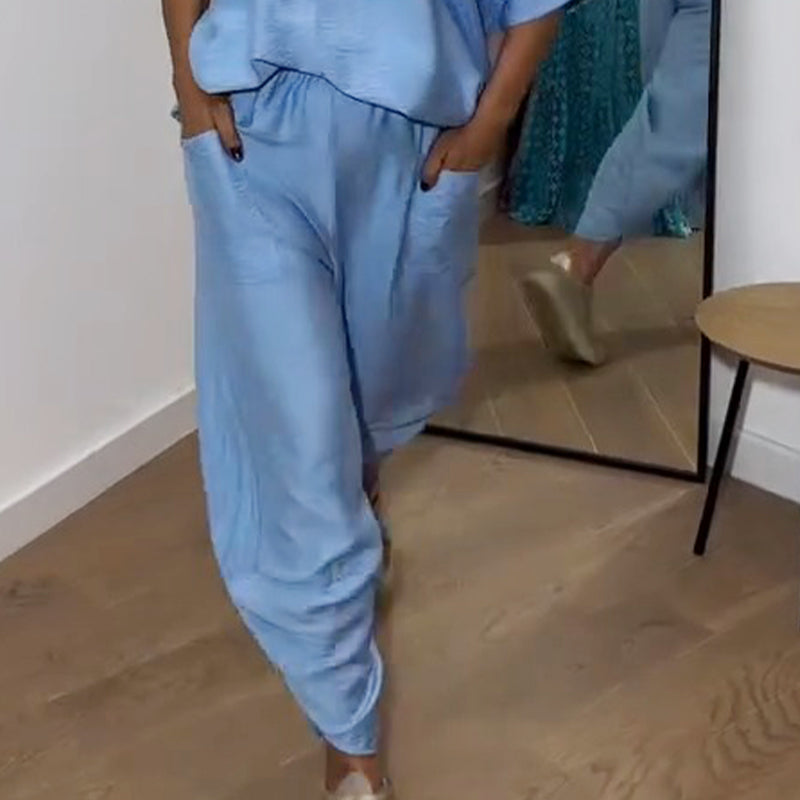 Women's Solid Color Top & Loose Pants 2 Piece Set