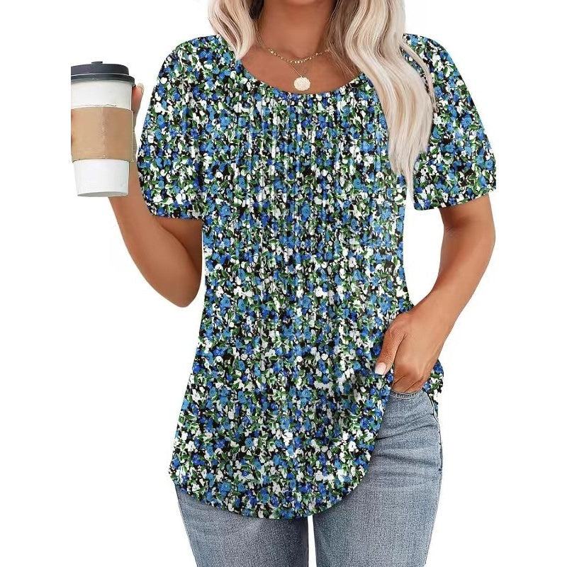 🔥2025 HOT SALE 50% OFF🔥 Round Neck Pleated Short Sleeve Printed T-Shirt