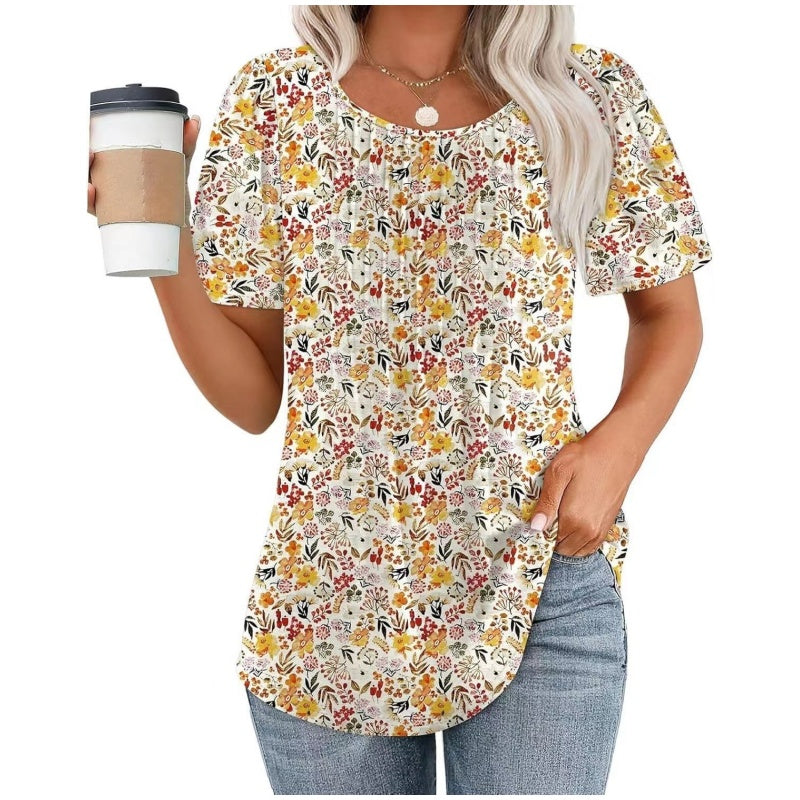 🔥2025 HOT SALE 50% OFF🔥 Round Neck Pleated Short Sleeve Printed T-Shirt