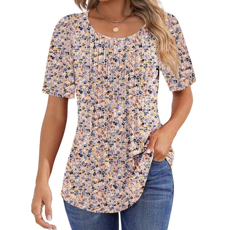 🔥2025 HOT SALE 50% OFF🔥 Round Neck Pleated Short Sleeve Printed T-Shirt