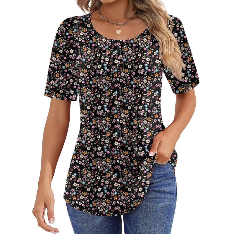 🔥2025 HOT SALE 50% OFF🔥 Round Neck Pleated Short Sleeve Printed T-Shirt