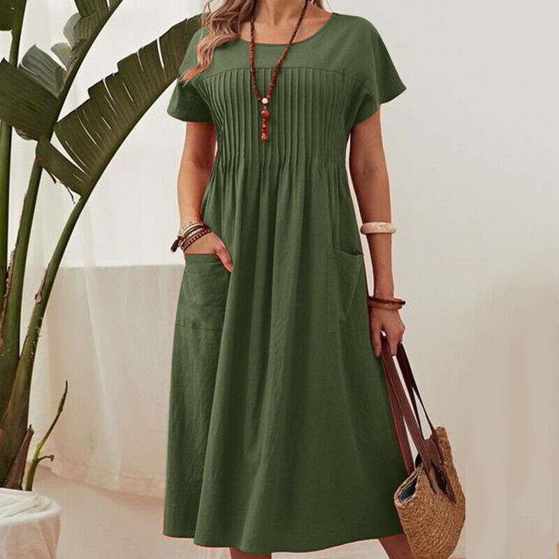 ๐ธ 50% OFF NOW! ๐ Womenโs Pleated Short-Sleeve Dress with Pockets โ Soft Cotton-Linen Blend โ๏ธ๐