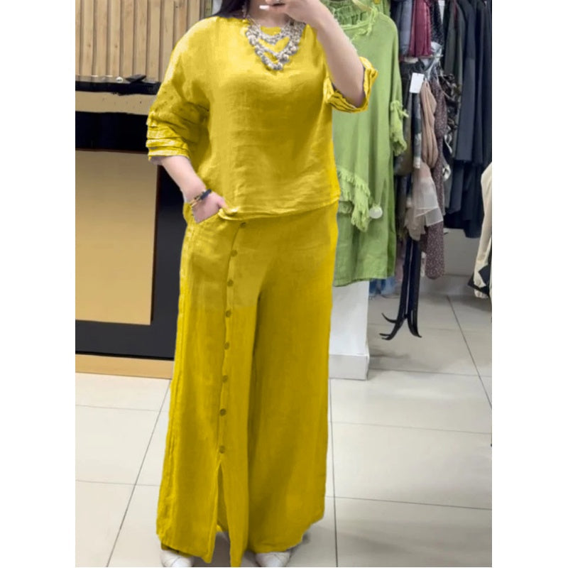 Women's Solid Color Casual 3/4 Sleeve Top Loose Button Pants 2-Piece Set