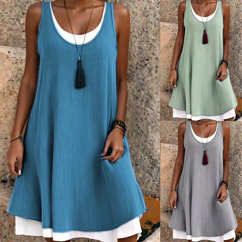 Women's Casual Loose Sleeveless Fake Two Piece Tank Dresses