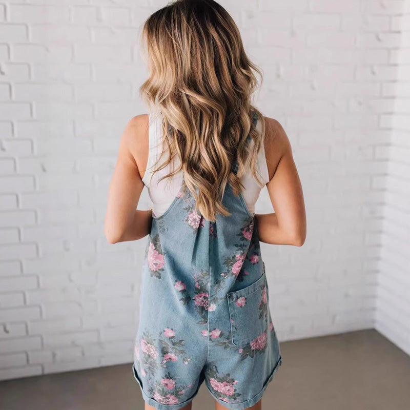 Fashionable Vintage Floral Print Denim Jumpsuit