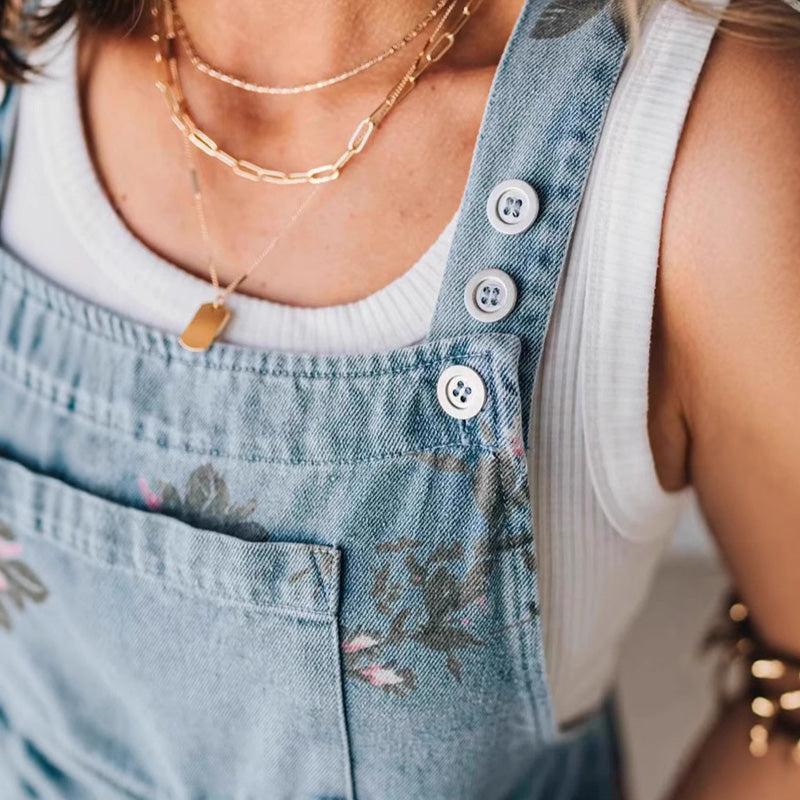 Fashionable Vintage Floral Print Denim Jumpsuit