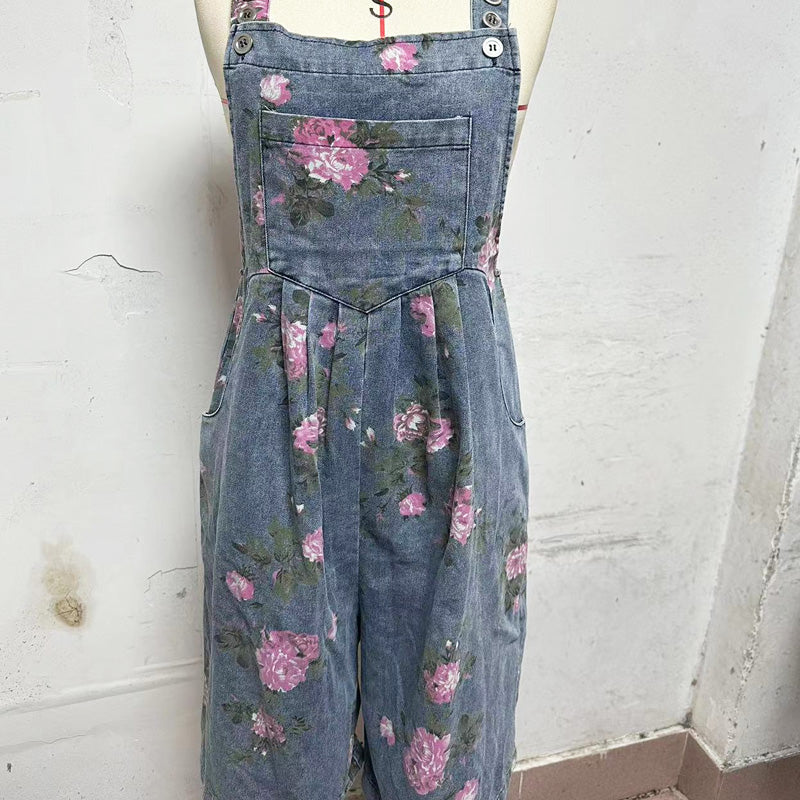 Fashionable Vintage Floral Print Denim Jumpsuit