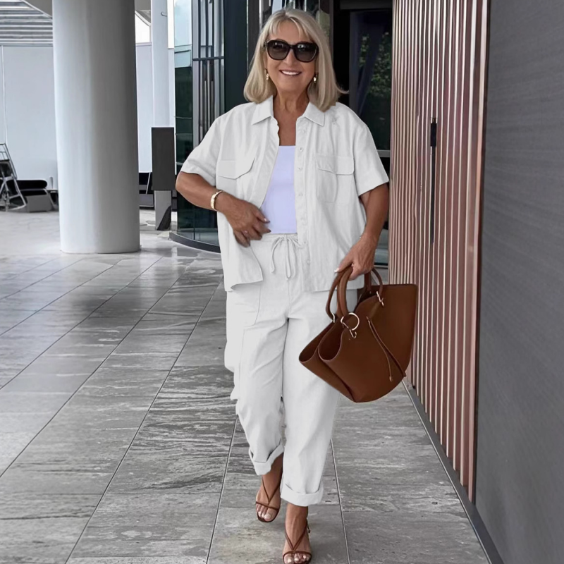 Cotton-Linen Short Sleeve Shirt & Loose Pants Set