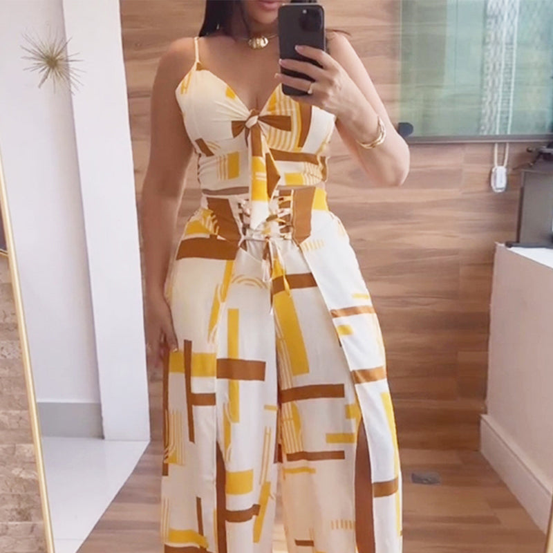 Women's Printed Sleeveless Tops & Slit Pants 2-Piece Set