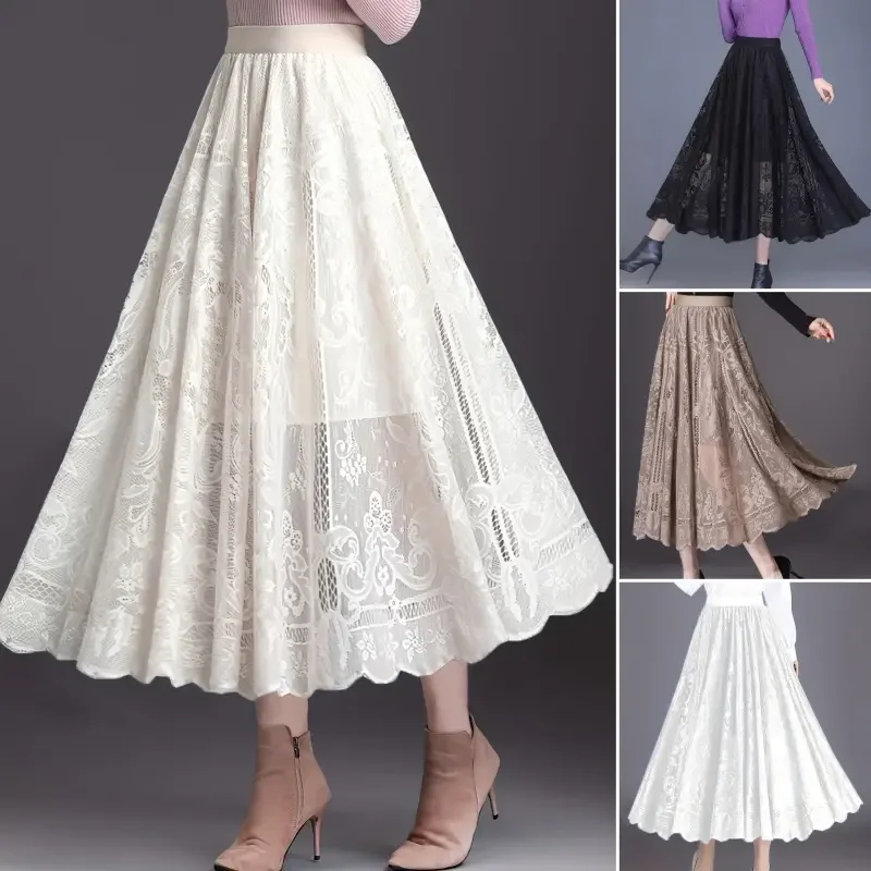 👗High-Rise Pleated Skirt - Lace & Sheer Detail A-Line Design💕
