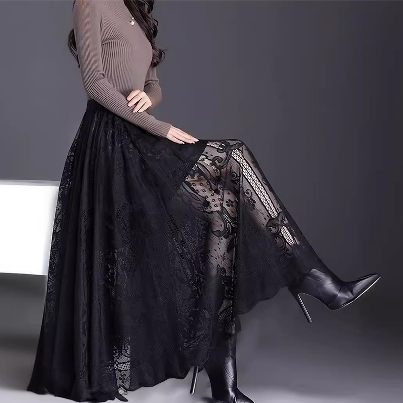 👗High-Rise Pleated Skirt - Lace & Sheer Detail A-Line Design💕