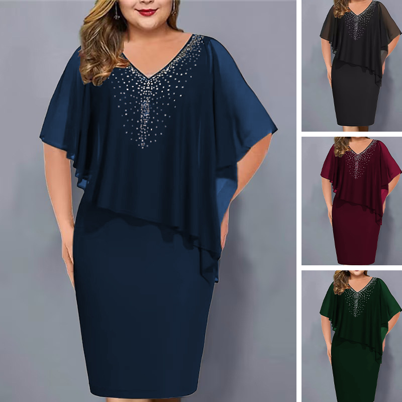 Rhinestone V-Neck Cape Dress with Chiffon Overlay