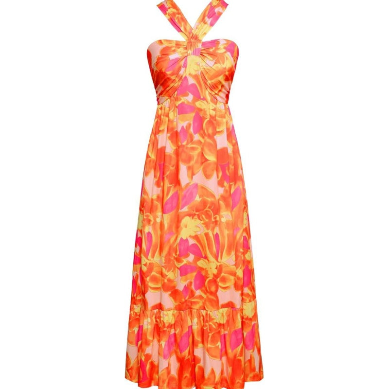 Cross Halter Sleeveless Floral Printed Dress