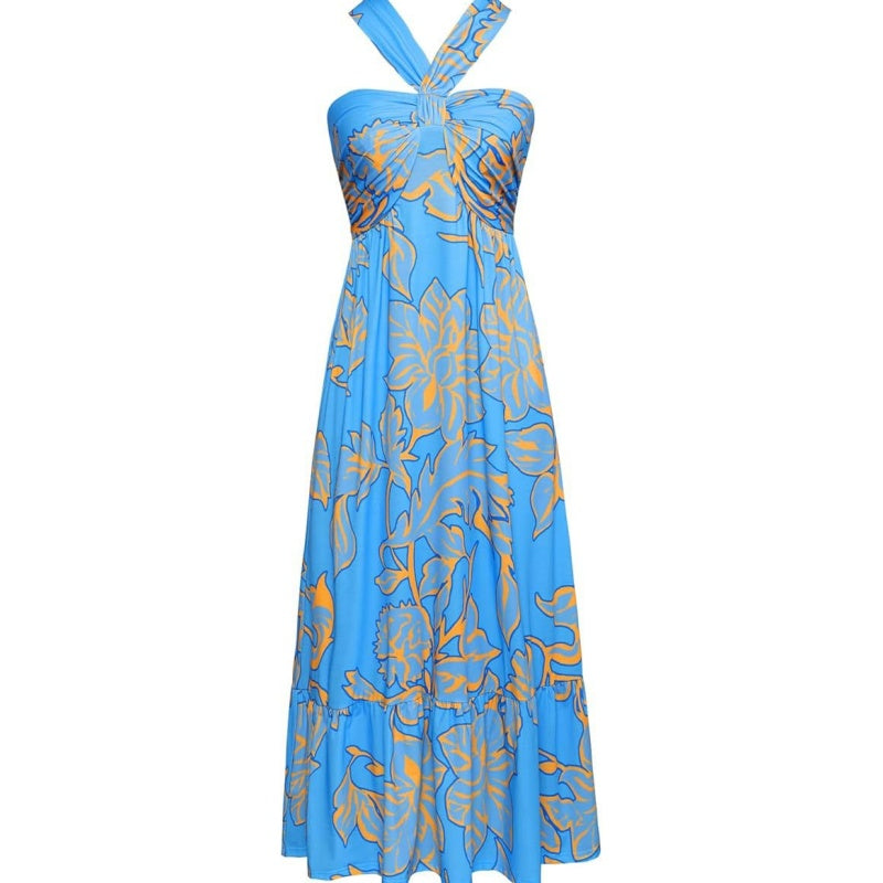Cross Halter Sleeveless Floral Printed Dress