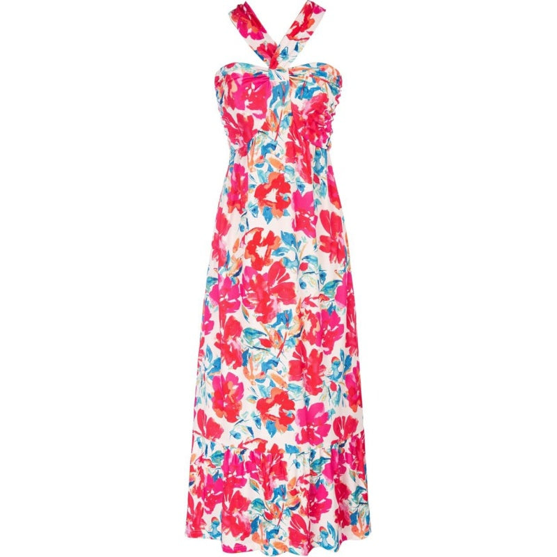 Cross Halter Sleeveless Floral Printed Dress