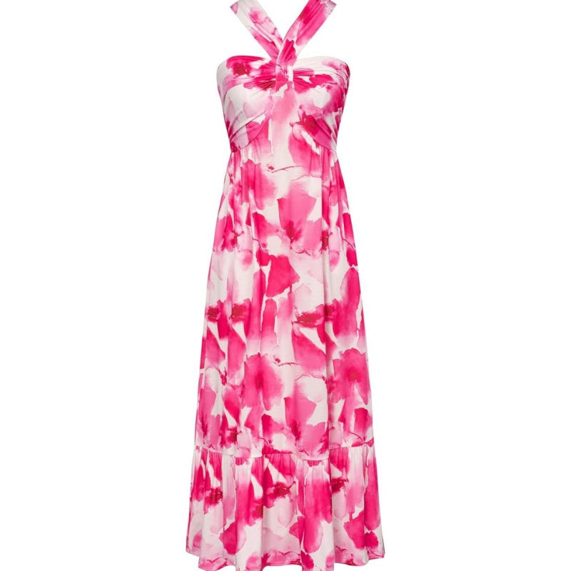 Cross Halter Sleeveless Floral Printed Dress