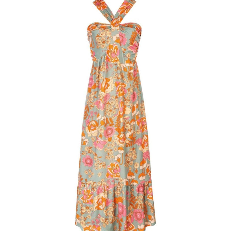 Cross Halter Sleeveless Floral Printed Dress