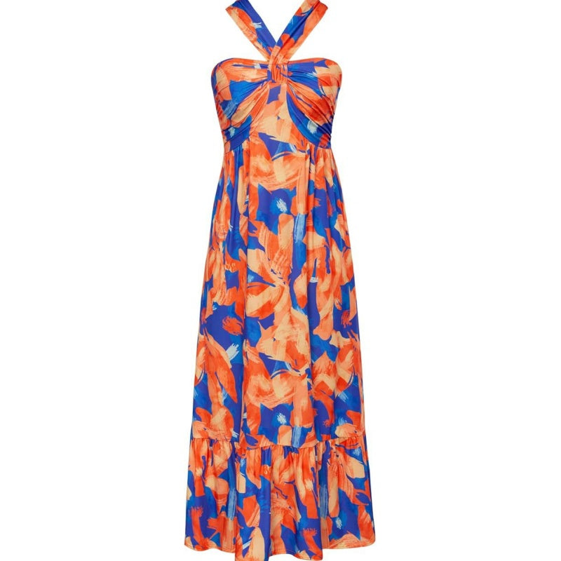 Cross Halter Sleeveless Floral Printed Dress