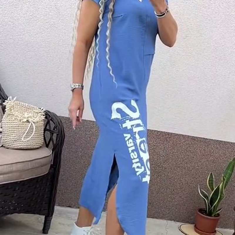 Women's Casual Short Sleeve Side Slit Loose Fit Dress