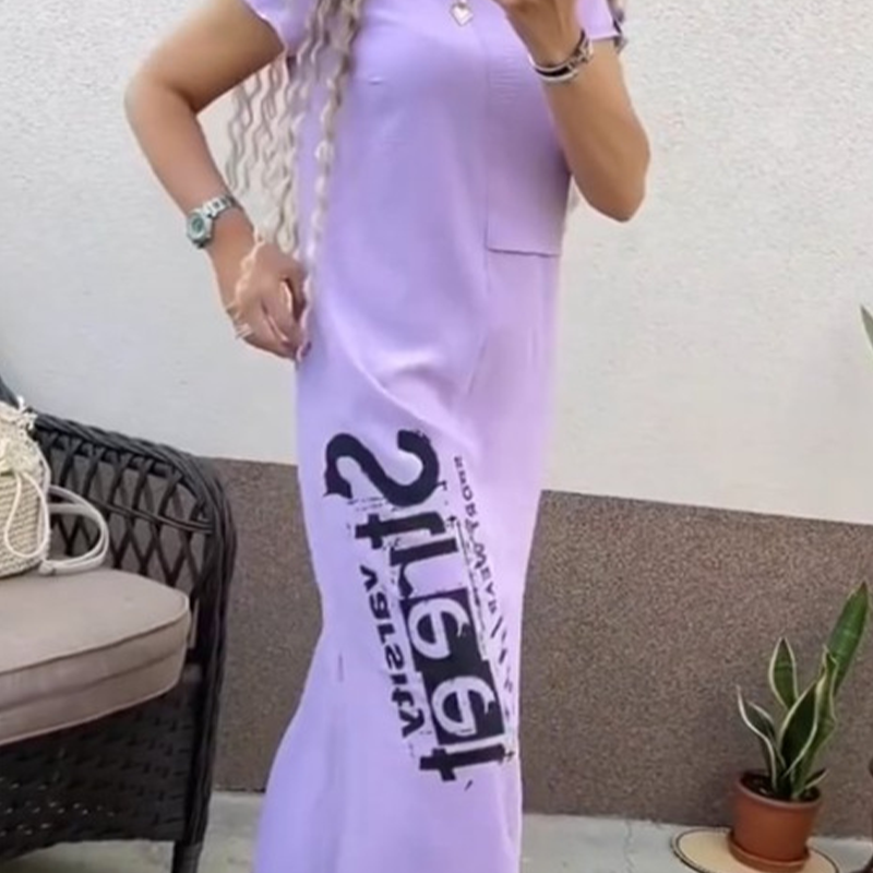 Women's Casual Short Sleeve Side Slit Loose Fit Dress