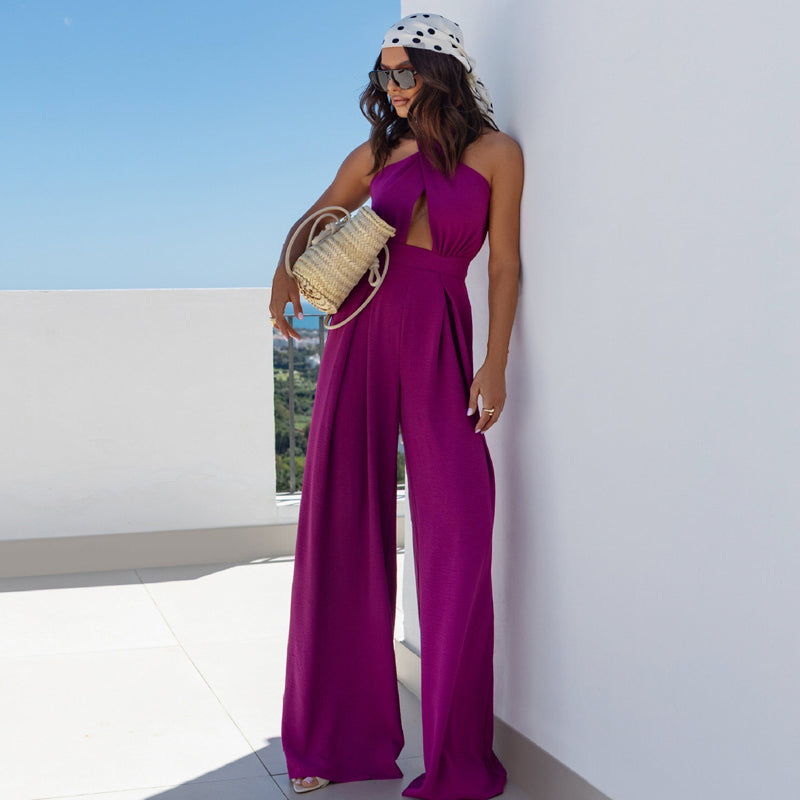 Women's Fashion Sexy Halter Sleeveless Backless Wide Leg Jumpsuit