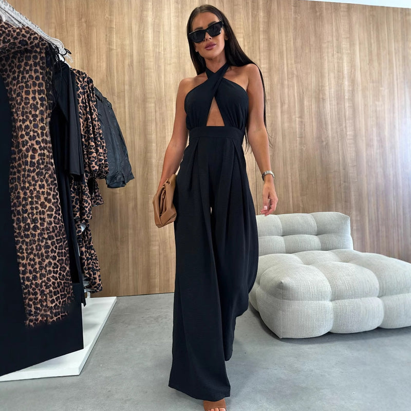 Women's Fashion Sexy Halter Sleeveless Backless Wide Leg Jumpsuit