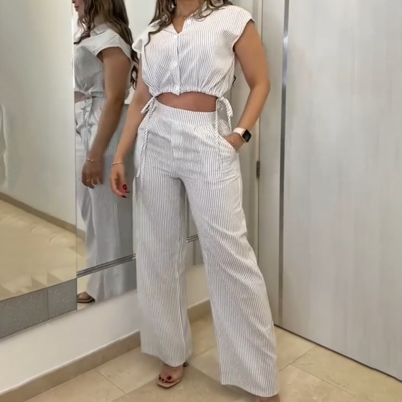 Women Crop Top Long Pants 2-Piece Set