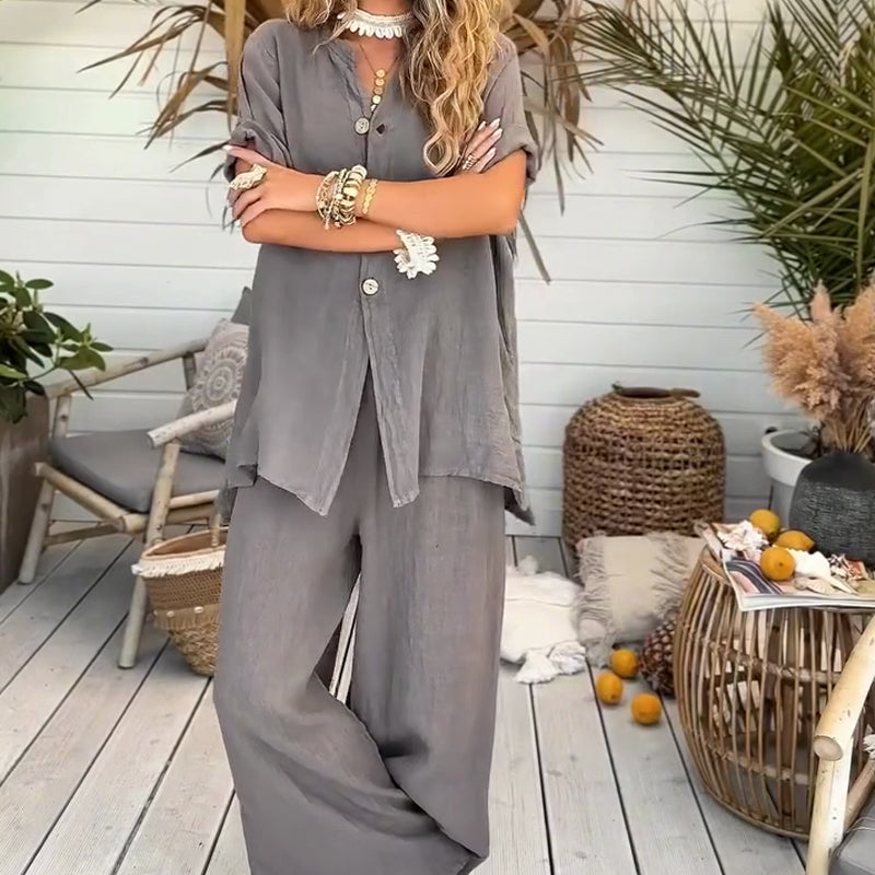 Women's Solid Color Loose Short-Sleeve Shirt & Wide-Leg Pants 2-Piece Set