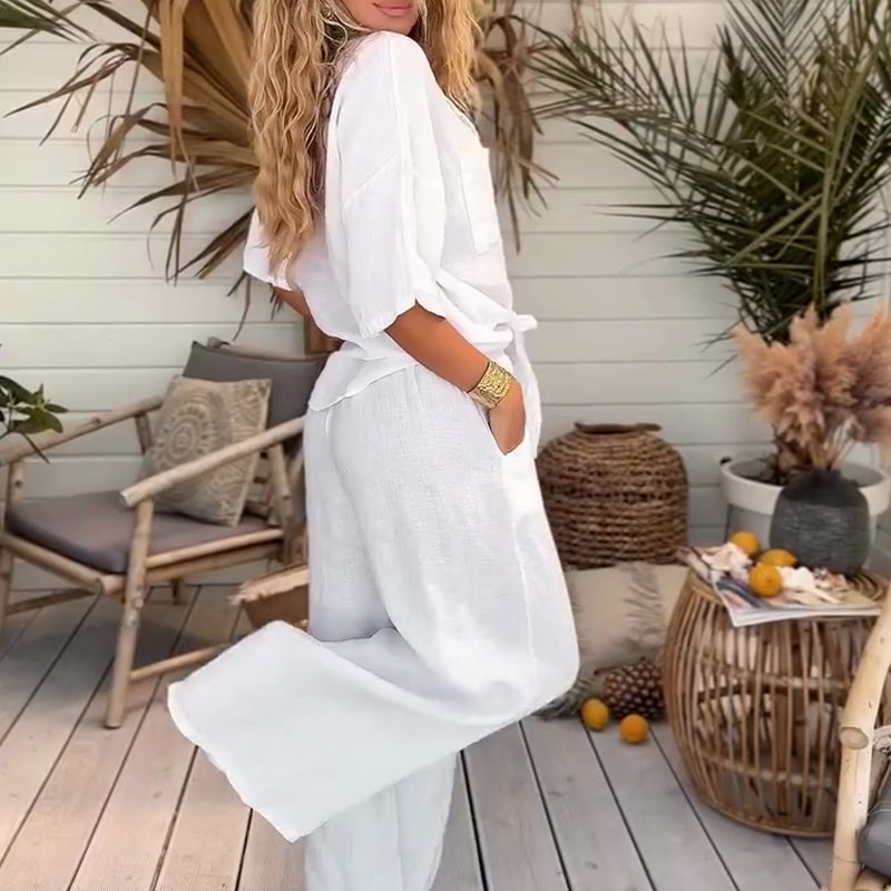 Women's Solid Color Loose Short-Sleeve Shirt & Wide-Leg Pants 2-Piece Set