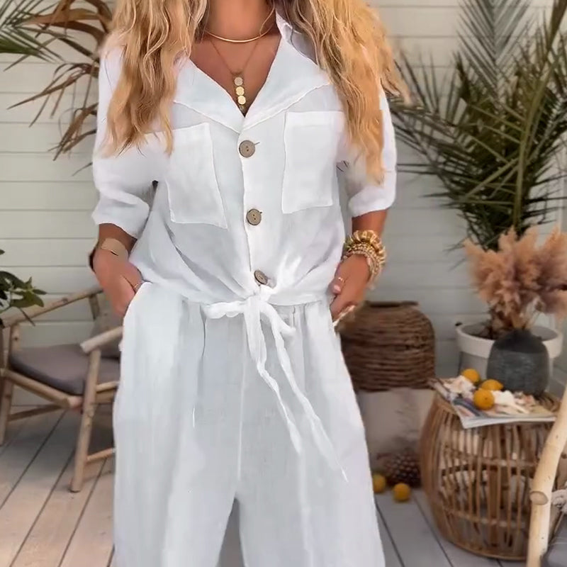 Women's Solid Color Loose Short-Sleeve Shirt & Wide-Leg Pants 2-Piece Set