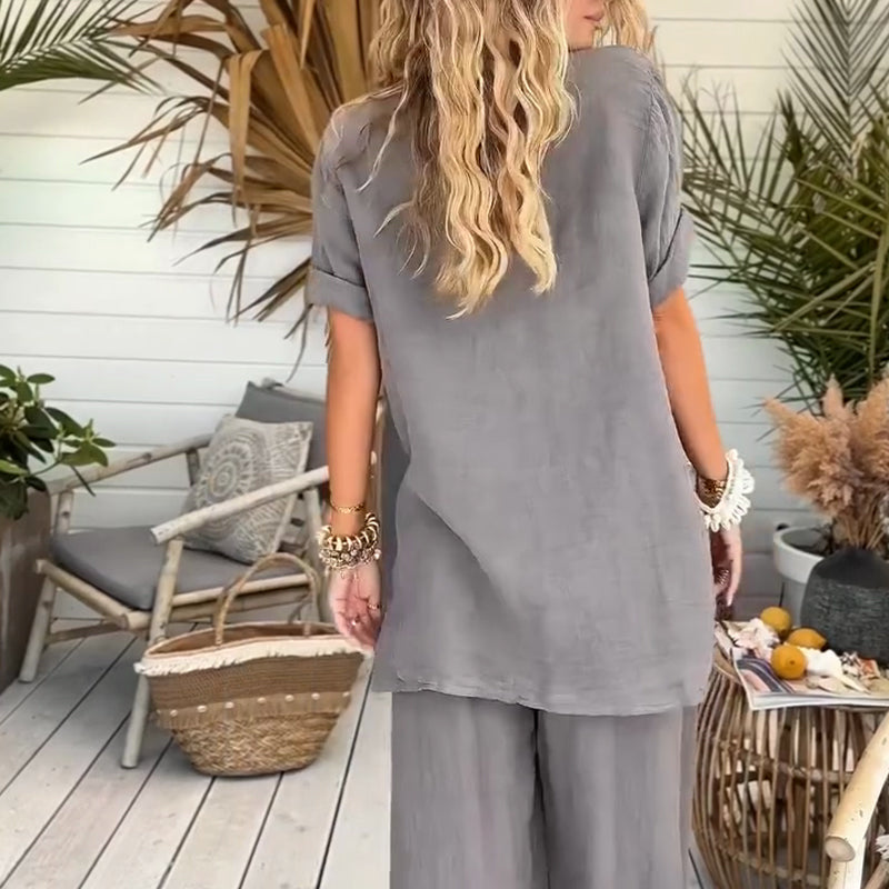 Women's Solid Color Loose Short-Sleeve Shirt & Wide-Leg Pants 2-Piece Set