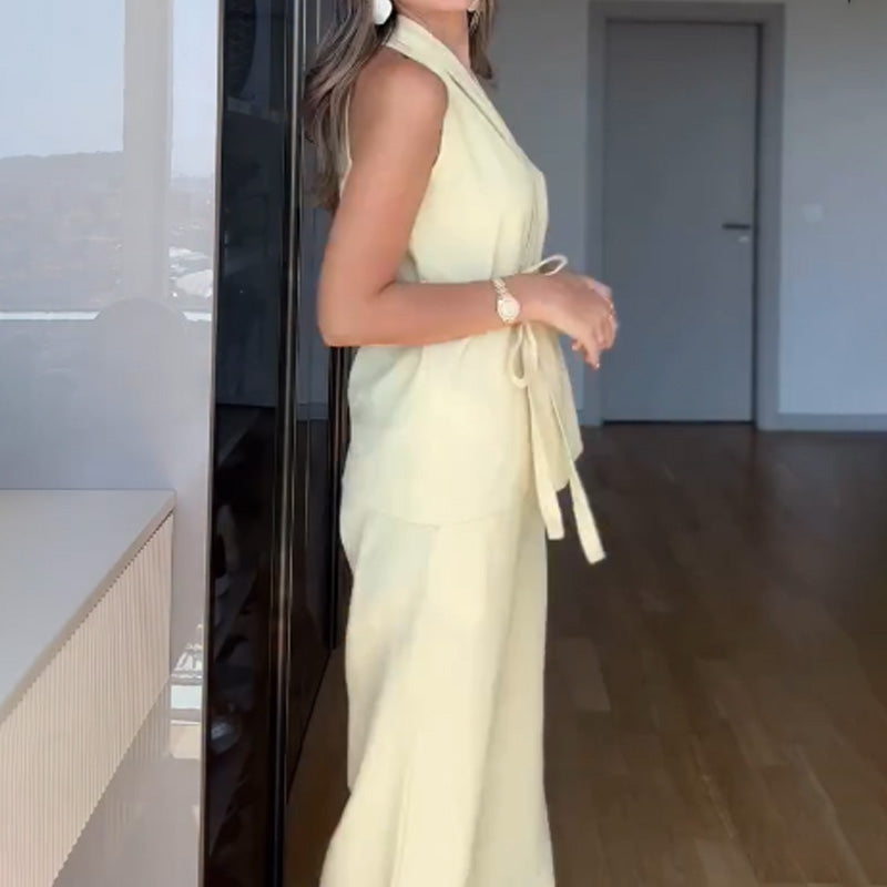 V-Neck Sleeveless Top and Straight-Leg Pants 2-piece suit