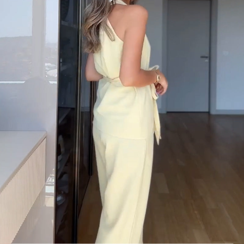 V-Neck Sleeveless Top and Straight-Leg Pants 2-piece suit