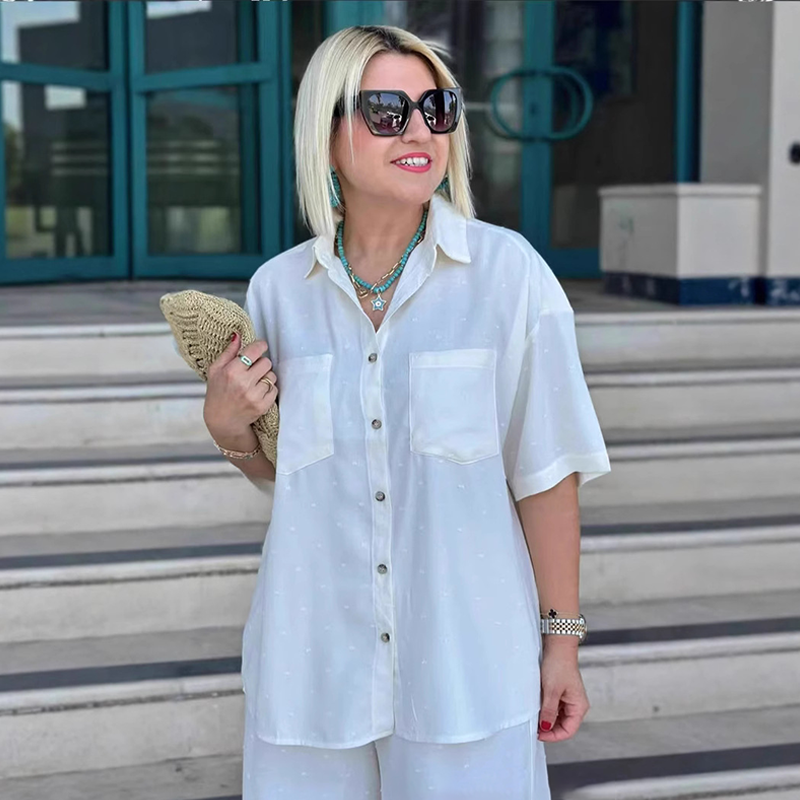 Breathable Solid Color 2-Piece Set - Short-Sleeved Collared Shirt & Wide-Leg Pants