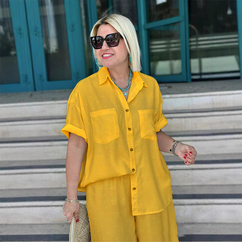 Breathable Solid Color 2-Piece Set - Short-Sleeved Collared Shirt & Wide-Leg Pants