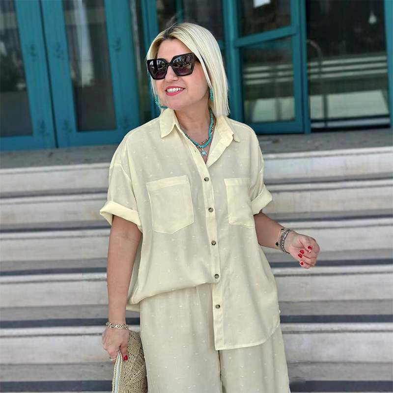 Breathable Solid Color 2-Piece Set - Short-Sleeved Collared Shirt & Wide-Leg Pants