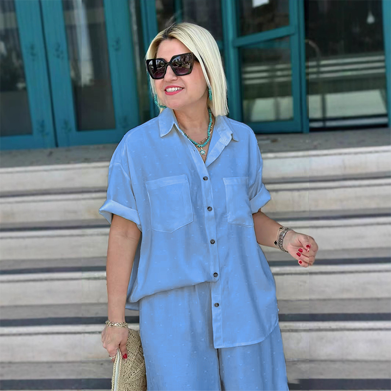 Breathable Solid Color 2-Piece Set - Short-Sleeved Collared Shirt & Wide-Leg Pants