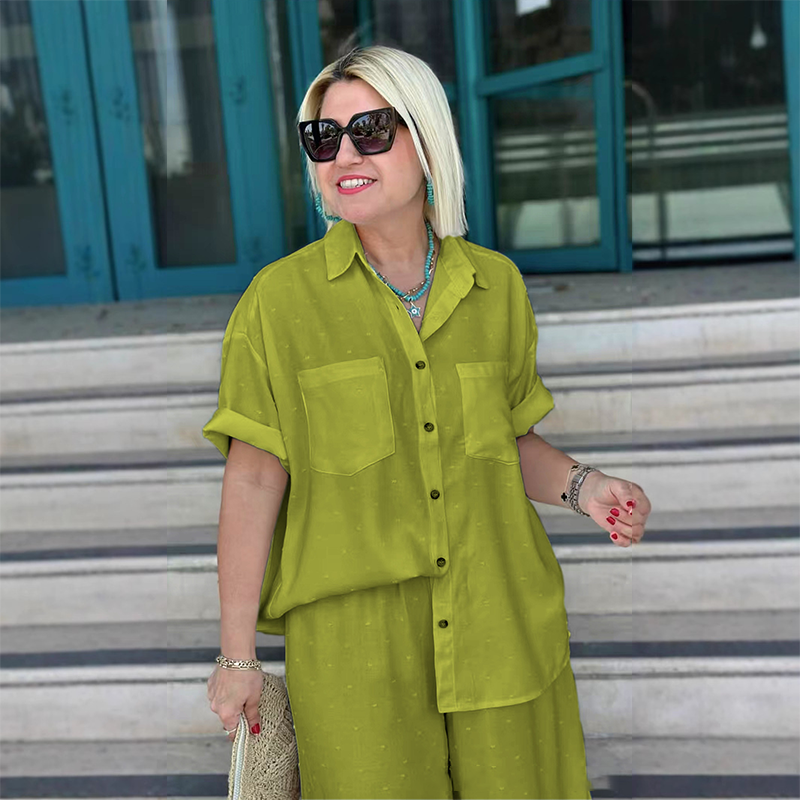 Breathable Solid Color 2-Piece Set - Short-Sleeved Collared Shirt & Wide-Leg Pants