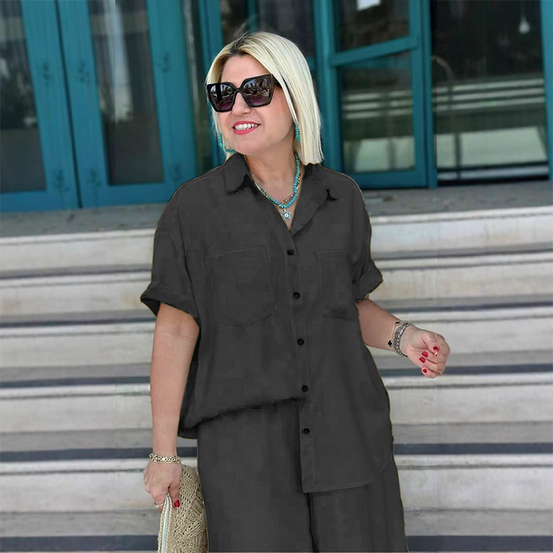 Breathable Solid Color 2-Piece Set - Short-Sleeved Collared Shirt & Wide-Leg Pants