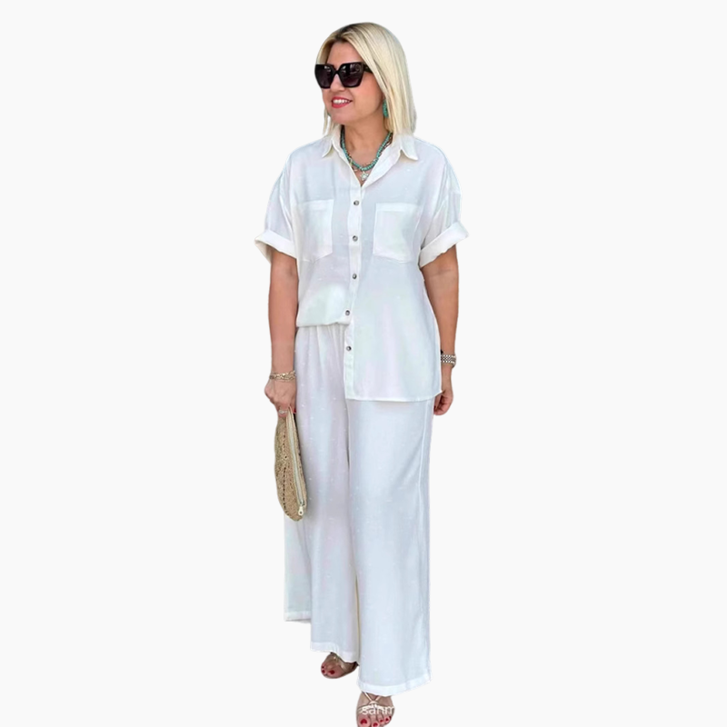 Breathable Solid Color 2-Piece Set - Short-Sleeved Collared Shirt & Wide-Leg Pants